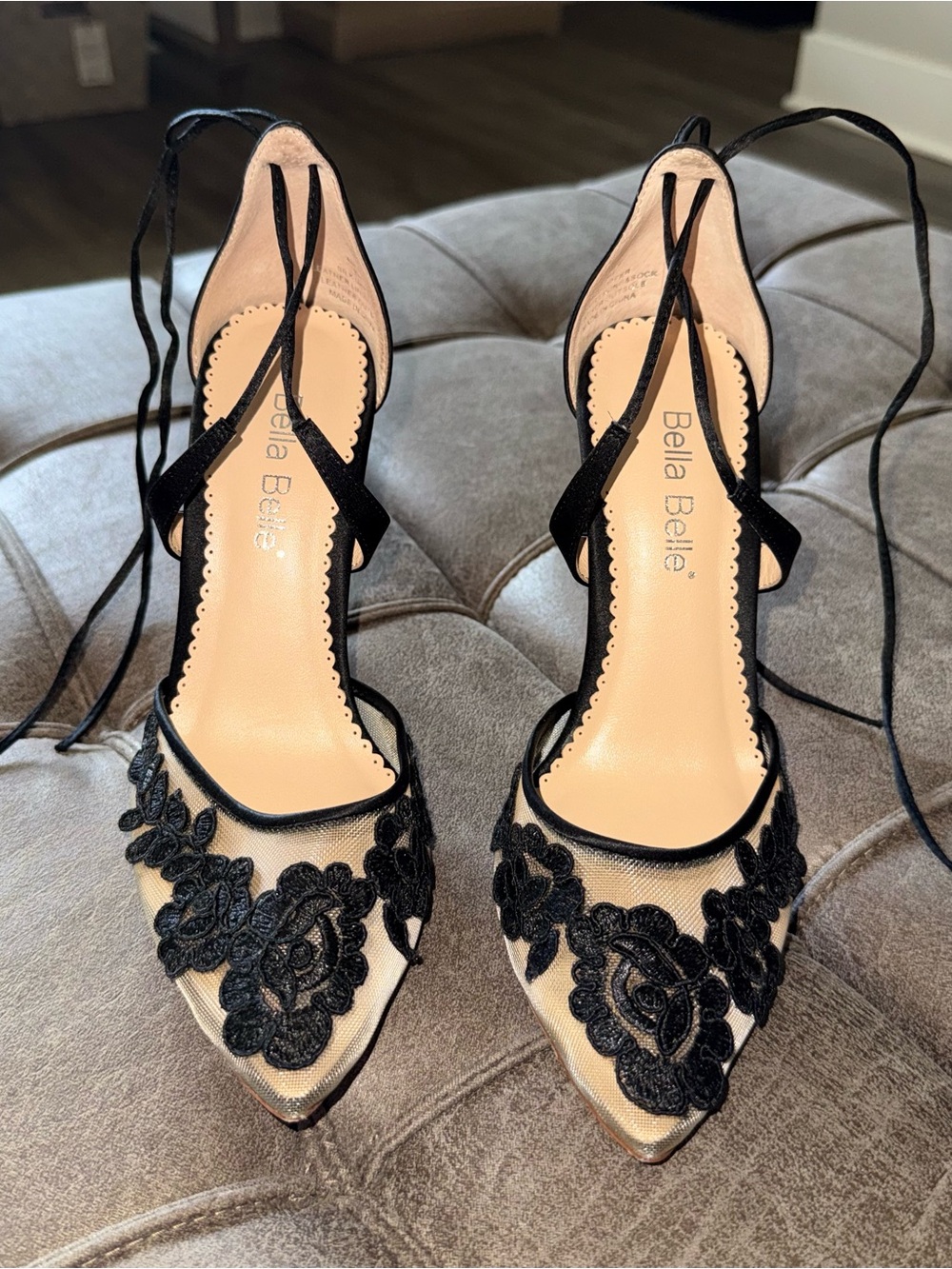 Anita Black Pointed-Toe Lace Ankle-Tie Heels